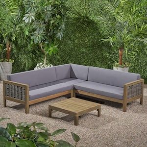 Linwood Grey 4-Piece Wood and Faux Rattan Outdoor Patio Conversation Sectional Seating Set with Dark Grey Cushions