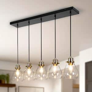 Modern Kitchen Island Chandelier 5-Light Black and Brass Linear Dining Room Chandelier with Clear Glass Shades
