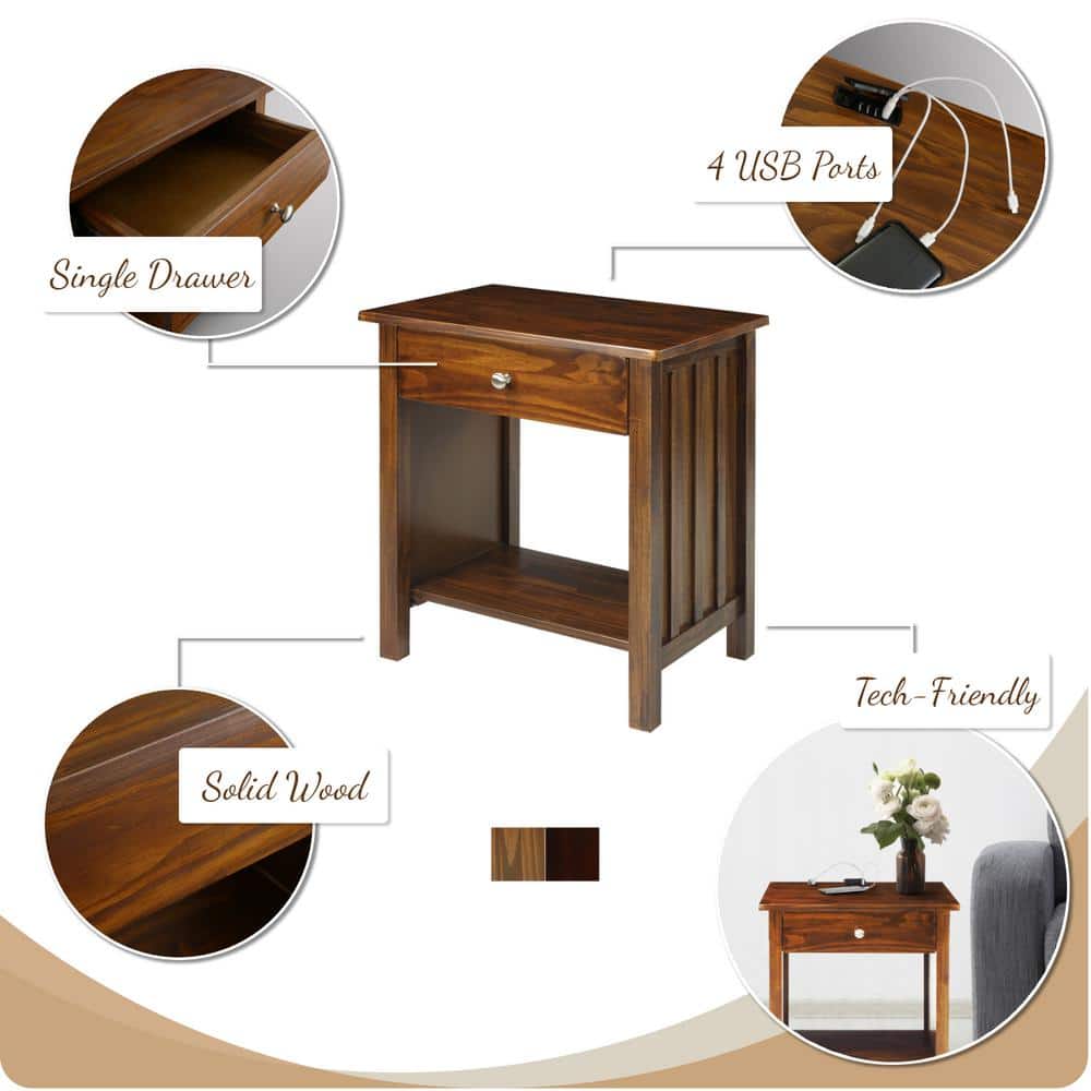 Espresso Solid Wood Nightstand with Built-in USB Ports