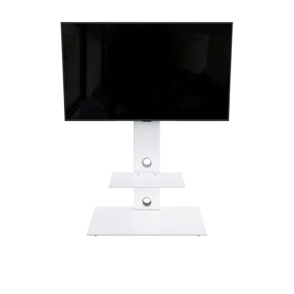 White Gloss TV Floor Stand with Mount and Tempered Glass Shelves