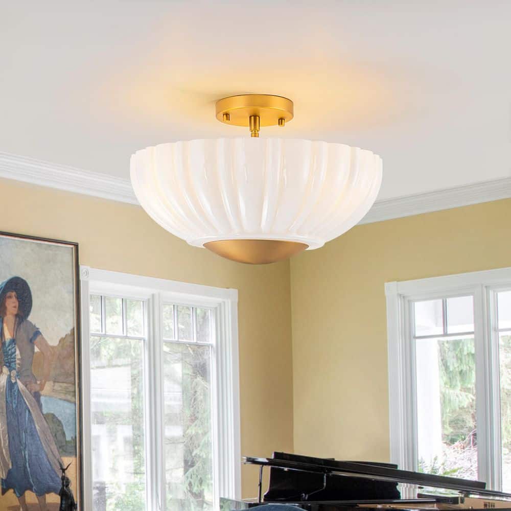 Amelia 15 in. 3-Light Brass Semi Flush Mount with White Glass Shade price history on PriceWatchPro