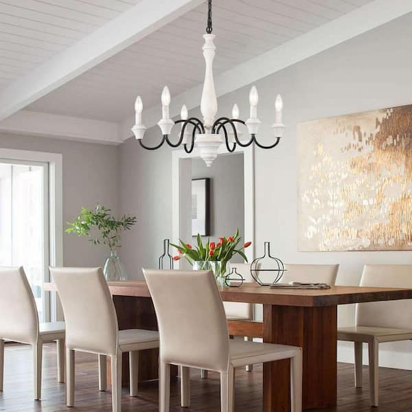 6-Light Black and White Candle Design Hanging Linear Chandelier Lighting for Kitchen Island