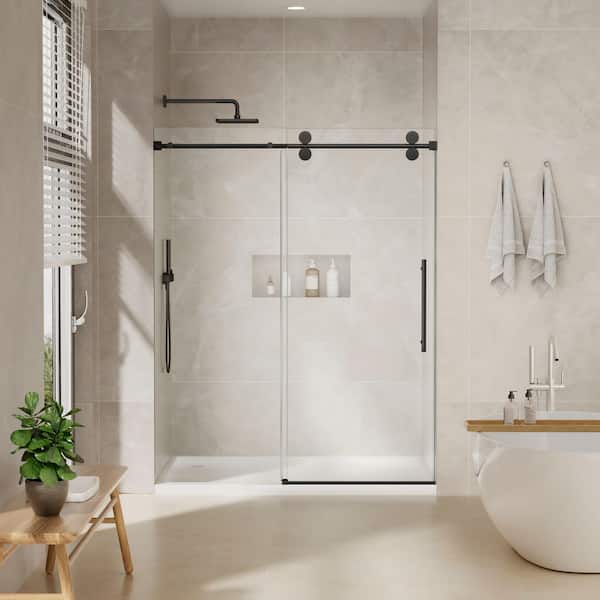 56 in.-60 in. W x 72 in. H Frameless Single Sliding Shower Door-5/16 in. Tempered Glass, Bypass Design with Matte Black