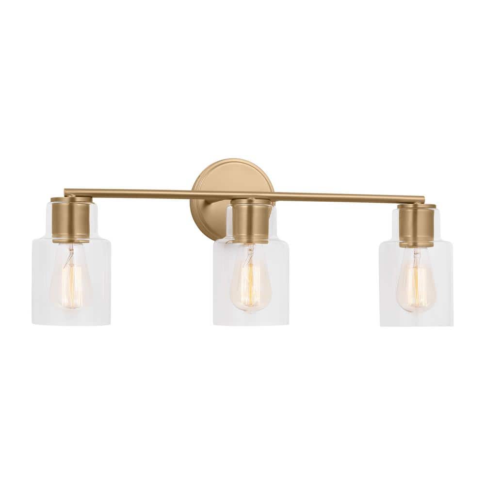 Satin Brass 3-Light Vanity with Clear Glass Shades