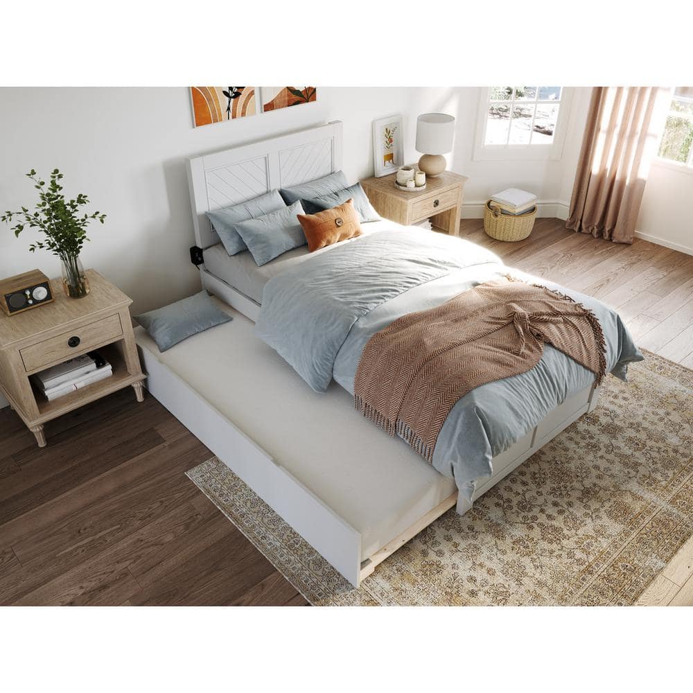 White Twin Wood Platform Bed with Trundle and Chevron Headboard