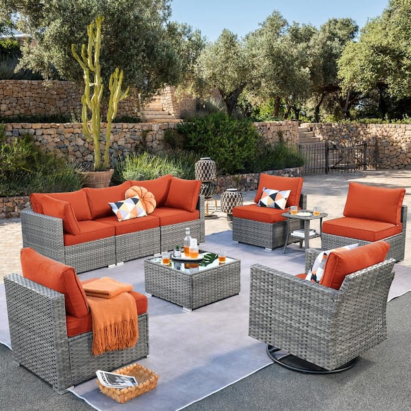 weaxty W Daffodil F Gray 9-Piece Wicker Outdoor Patio Conversation Set with a Swivel Rocking Chair and Orange Red Cushions