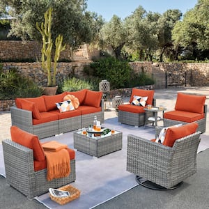 Daffodil F Gray 9-Piece Wicker Outdoor Patio Conversation Set with a Swivel Rocking Chair and Orange Red Cushions