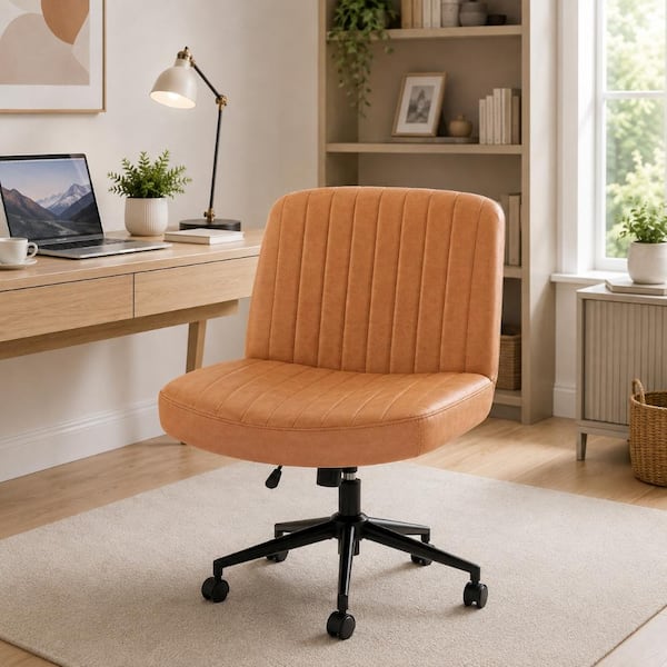 Chic Faux Leather Adjustable Height & Relaxing Tilt Criss Cross Chair Office Desk Vanity Chairs with Wheels in Brown