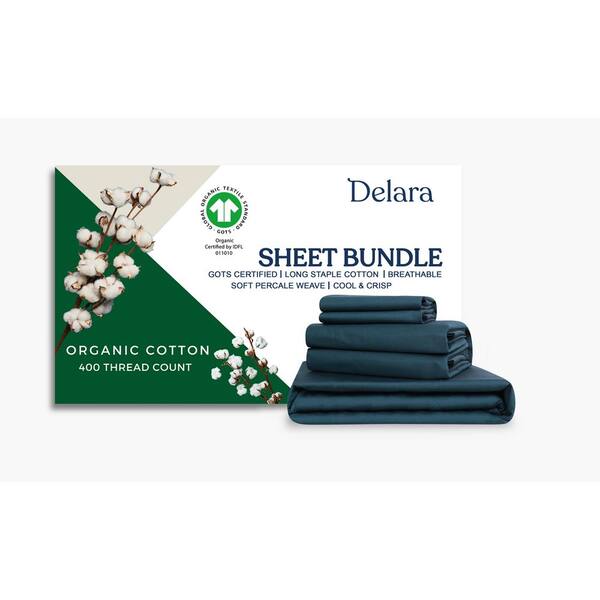 Delara Delara 7-Piece Sheet Bundle Set Midnight Blue 100% Organic Cotton Percale Weave Cal King Duvet Set Plus Sheet Set