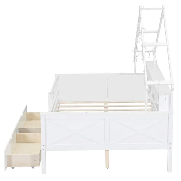 Vernon White Wood Frame Full Size House Platform Bed, Kids Bed with LED Light, Shelves, 2-Drawers, Guardrail