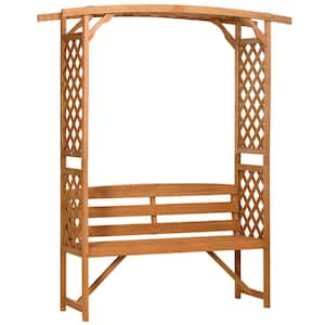 Wood Outdoor Bench, Patio Garden Bench Arbor Arch with Pergola and 2 Trellises, 3 Seat Bench in Brown