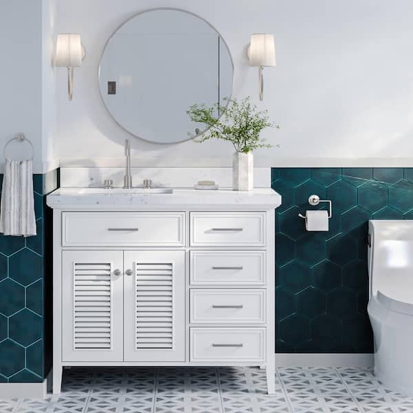 ARIEL Kensington 42.25 in. W x 22 in. D x 36 in. H Single Sink Freestanding Bath Vanity in White with Carrara White Quartz Top