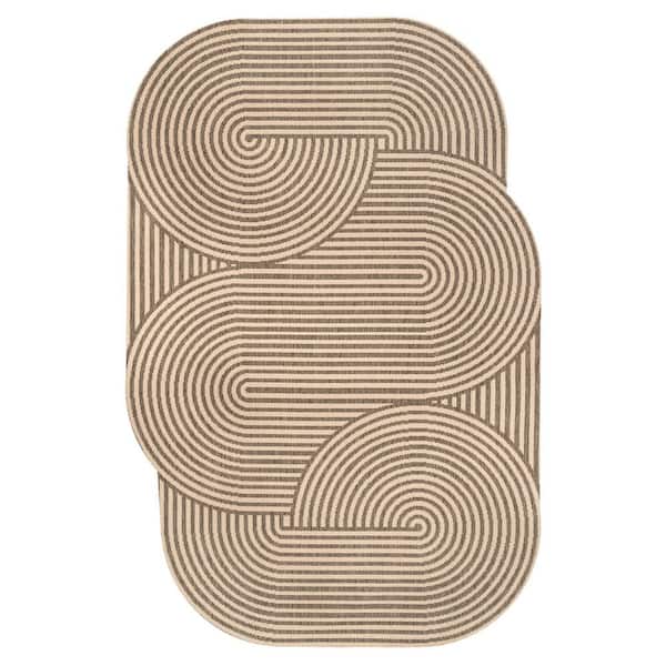 Margot Modern Geometric Arch Stripe Beige/Brown 9 ft. x 12 ft. Indoor/Outdoor Shaped Area Rug