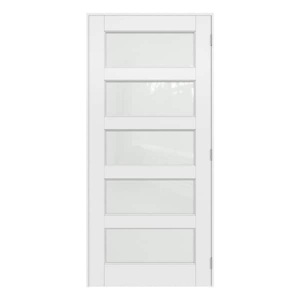 36 in. x 80 in. 5-Lite Frosted Glass Left-Hand White Solid Core Wood Interior Prehung Door Kit with Quick Assemble Jamb
