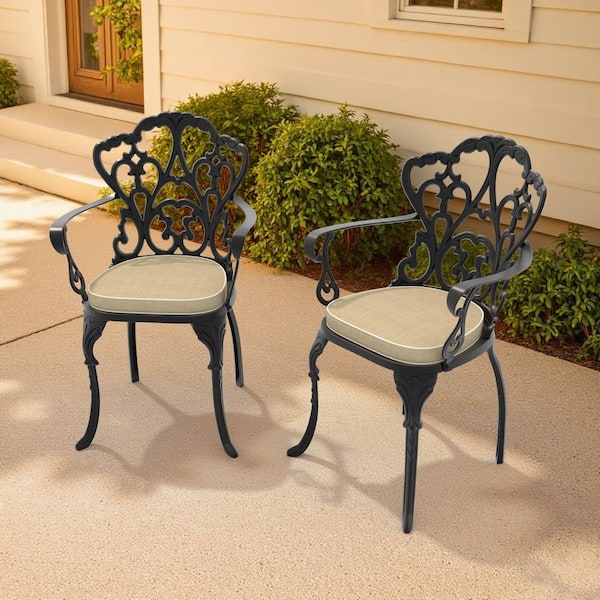 Black Cast Aluminum Stationary Outdoor Patio Dining Chairs with Off-White Cushions(2-Pack)
