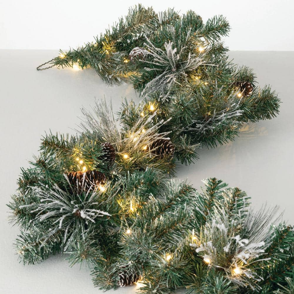 SULLIVANS Artificial 9 ft. Flocked LED Pine Christmas Garland with Pinecones, Green