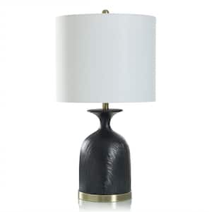 28 in. Satin Black, Brushed Brass, White Urn Task And Reading Table Lamp for Living Room with White Cotton Shade