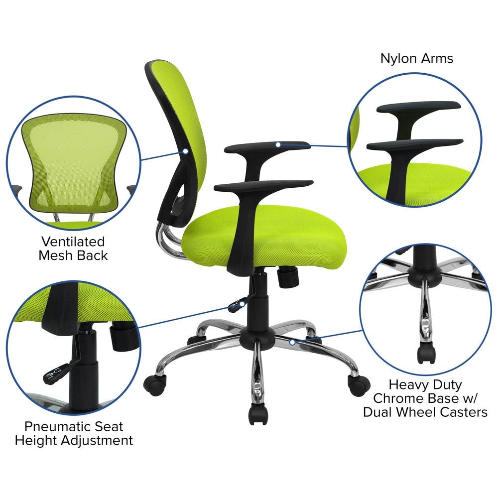 Ergonomic Mid-Back Green Mesh Task Chair with Fixed Metal Arms