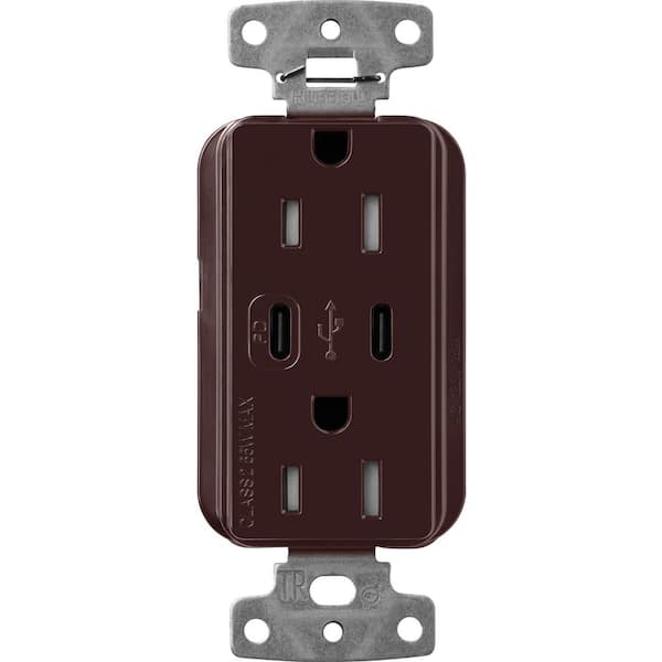 Claro 15 Amp Tamper Resistant USB Type C Duplex Receptacle, Decorator Style Outlet, Gloss Finish, CAR-15-CCTR-BR, Brown