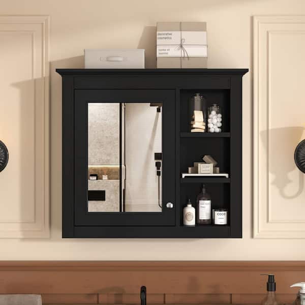 29.92 in. W x 28 in. H Rectangular MDF Medicine Cabinet in Black with Mirror and 3-Open Shelves