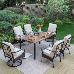 7-Piece Metal Patio Outdoor Dining Set with Brown Rectangle Table and Chairs with Beige Cushions