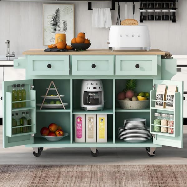 Mint Green Solid Wood Top 53.1 in. Kitchen Island with Drop Leaf, Cabinet door internal storage racks and 3 Drawers