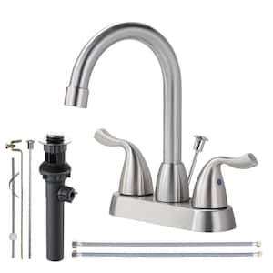 4 in. Centerset Double Handle Bathroom Faucet with Lift Rod Drain Assembly and Water Supply Lines in Brushed Nickel