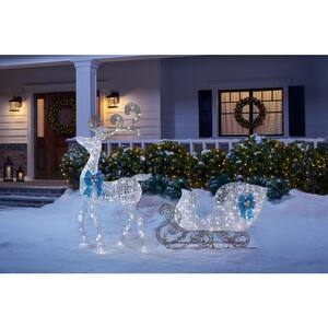 Icicle Shimmer 65 in. LED Lighted White Reindeer and 46 in. LED Lighted White Sleigh with Blue Bows