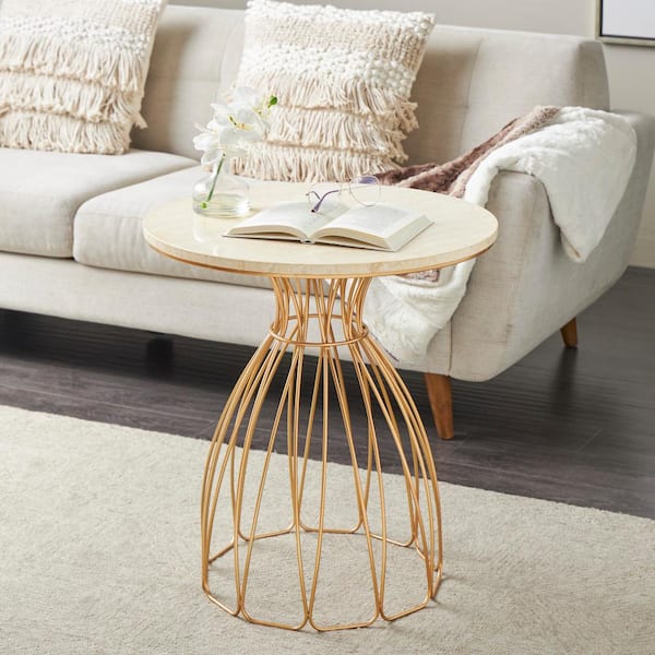 Litton Lane 24 in. W. x 25 in. Gold Flower Inspired Round Metal Coffee Table with Cream Marble Tabletop