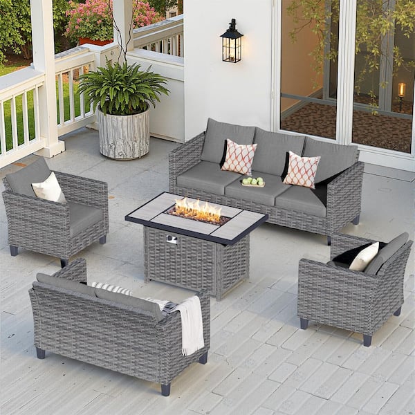 New Star Gray 5-Piece Wicker Patio Rectangle Fire Pit Conversation Seating Set with Dark Gray Cushions