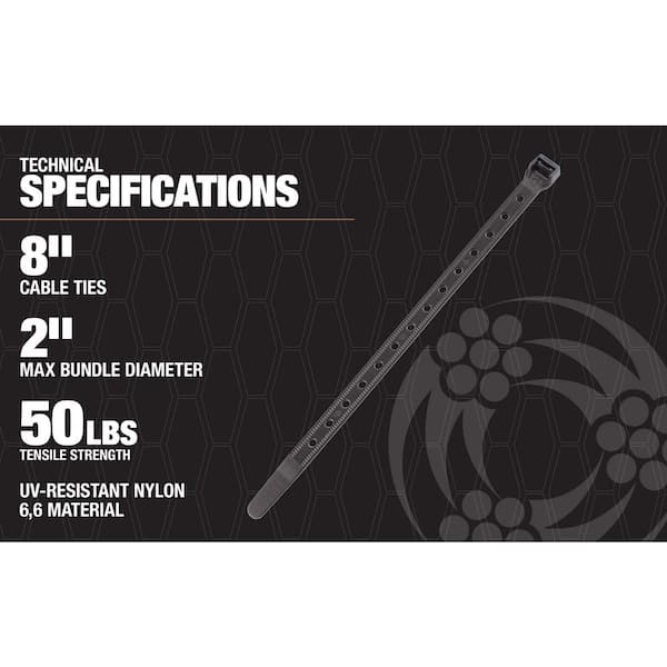 8-inch UV Resistant Black Multi-Purpose Cable Tie, 120-lb Tensile Strength,  1000-Pack