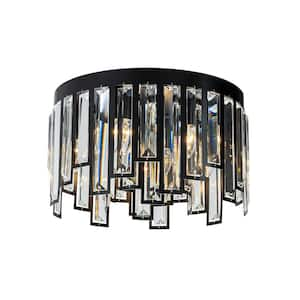 6-Lights 16 in. Modern Matte Black Drum Crystal Flush Mount Ceiling Light for Bedroom Dining Room