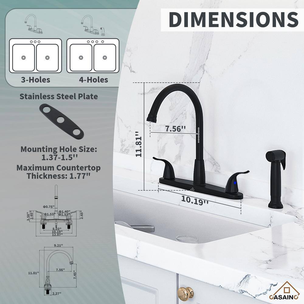 Matte Black Stainless Steel Double Handle Kitchen Faucet with Side Sprayer