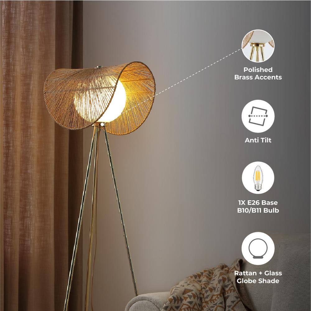 Adjustable Brass Tripod Floor Lamp with Rattan Shade