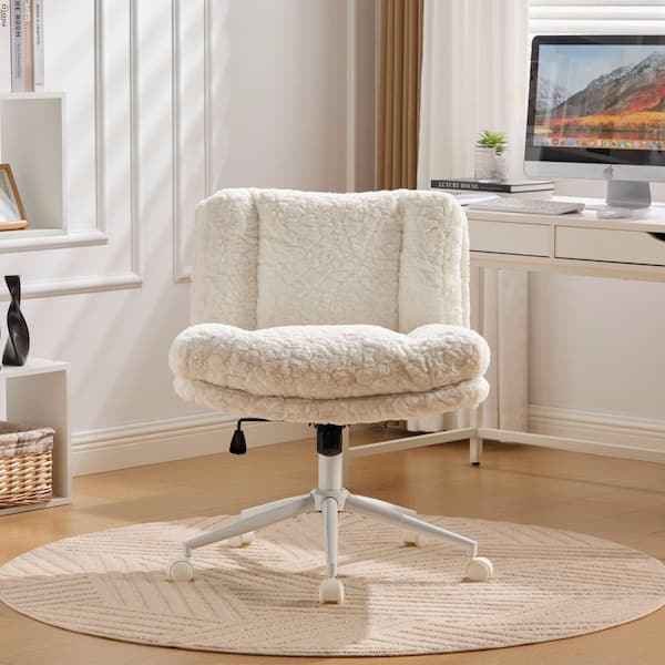 Fabric Faux Rabbit Hair Adjustable Height Home Executive Chair in Cream with Metal Base, Desk Chair, Vanity Chair