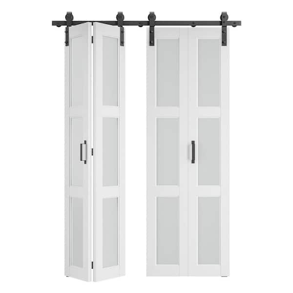 64 in. x 84 in. (Double 32 in. ) Bi-Fold 3-Lite Frosted Glass White Finished MDF Sliding Barn Door with Hardware Kit