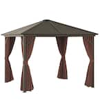 10 ft. x 10 ft. Outdoor Hardtop Patio Gazebo Steel Canopy with Aluminum Frame, Curtains, and Top Hook, Dark Brown