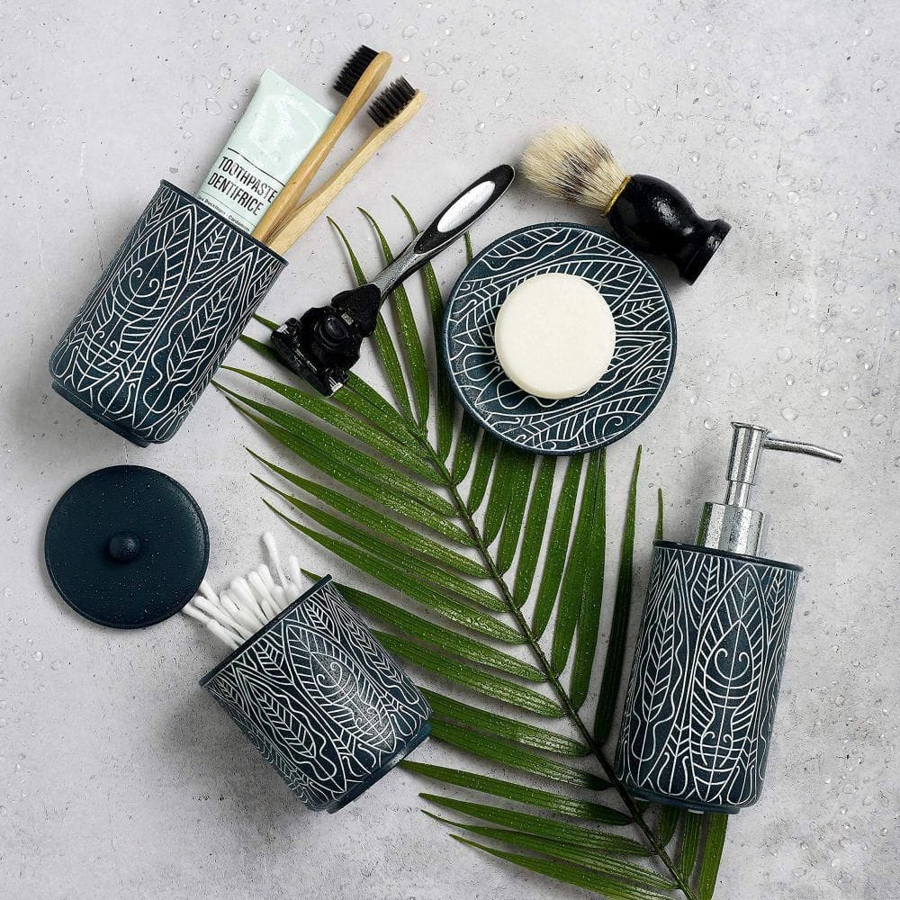 Navy Blue Hand Engraved Resin Bathroom Accessories Set
