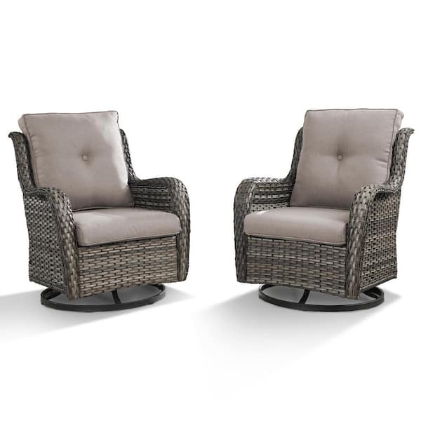 2-Pack Gray Wicker Outdoor Swivel Rocking Glider Chair with CushionGuard Beige Cushions