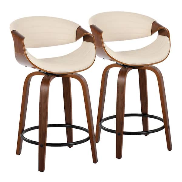 Lumisource Symphony 24 in. Cream Faux Leather, Walnut Wood and Black Metal Fixed-Height Counter Stool (Set of 2)