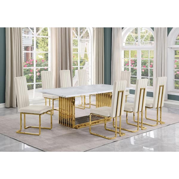 Best Quality Furniture Lisa 9-Piece Rectangle White Marble Top Gold Stainless Steel Dining Set With 8-Cream Velvet Gold Chrome Iron Chairs