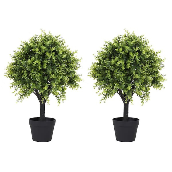 poetree 27.6 in. Artificial Eucalyptus Tree Topiary Ball Artificial Outdoor Shrubs in Pot 2-Pack