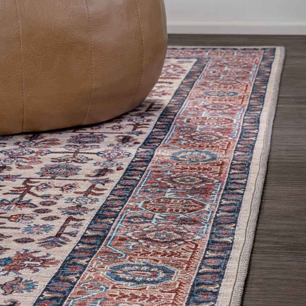 Kemer Persian Chenille Beige/Red/Blue 2' x 8' Washable Runner Rug