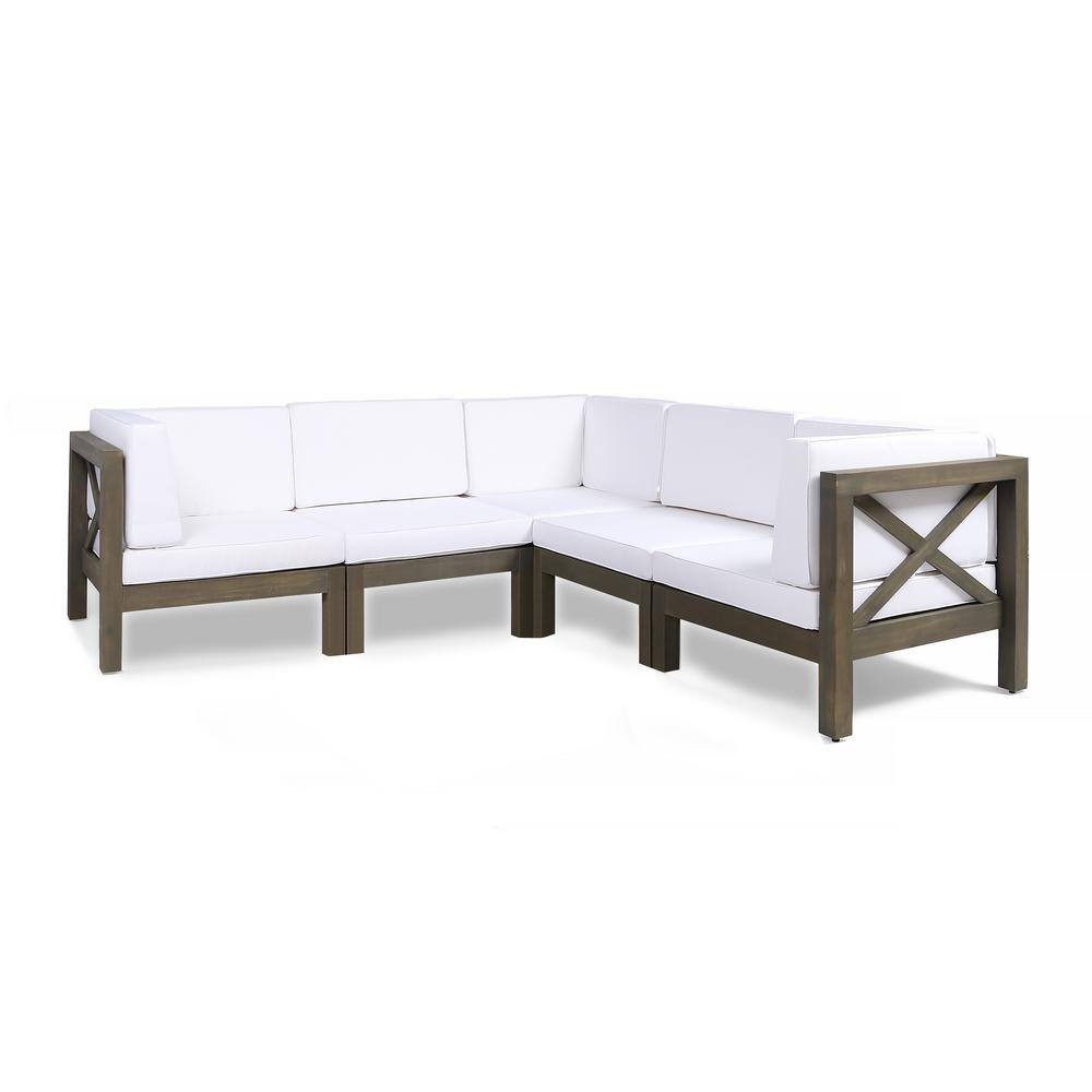 Noble House Brava Grey 5-Piece Wood Outdoor Sectional Set with White Cushions - 2