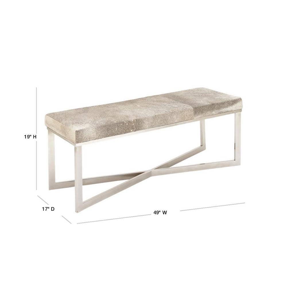 Gray Handmade Cowhide Bench with Silver Metal X-Base