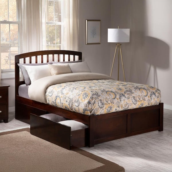 Richmond Walnut Full Solid Wood Storage Platform Bed with Flat Panel Foot Board and 2 Bed Drawers