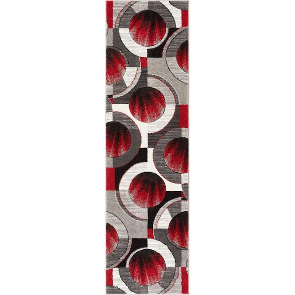 Ruby Yolo 2 ft. x 7 ft. Runner Modern Geometric Shapes Red Grey Runner Rug