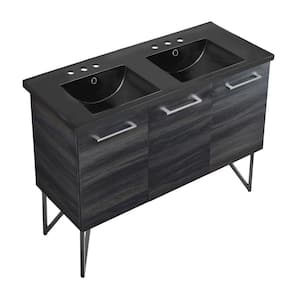 Annecy 48 in. Double Basin Bathroom Vanity in Black Walnut with Black, 3-Hole Ceramic Sink Top