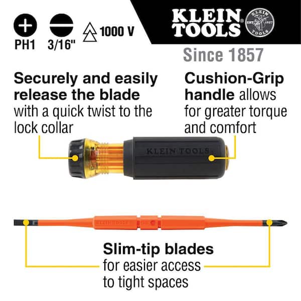 2-in-1 Insulated Flip-Blade Screwdriver, #1 Phillips, 3/16 in. Slotted