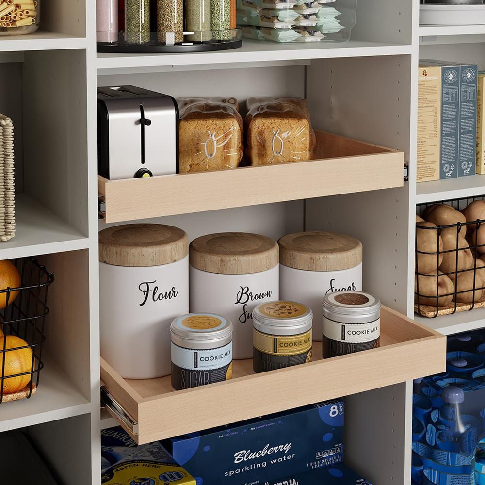White Corner Pantry Storage System with Maple Drawers
